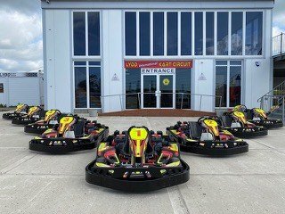 Kart fleet outside the entrance at Lydd Kart Circuit