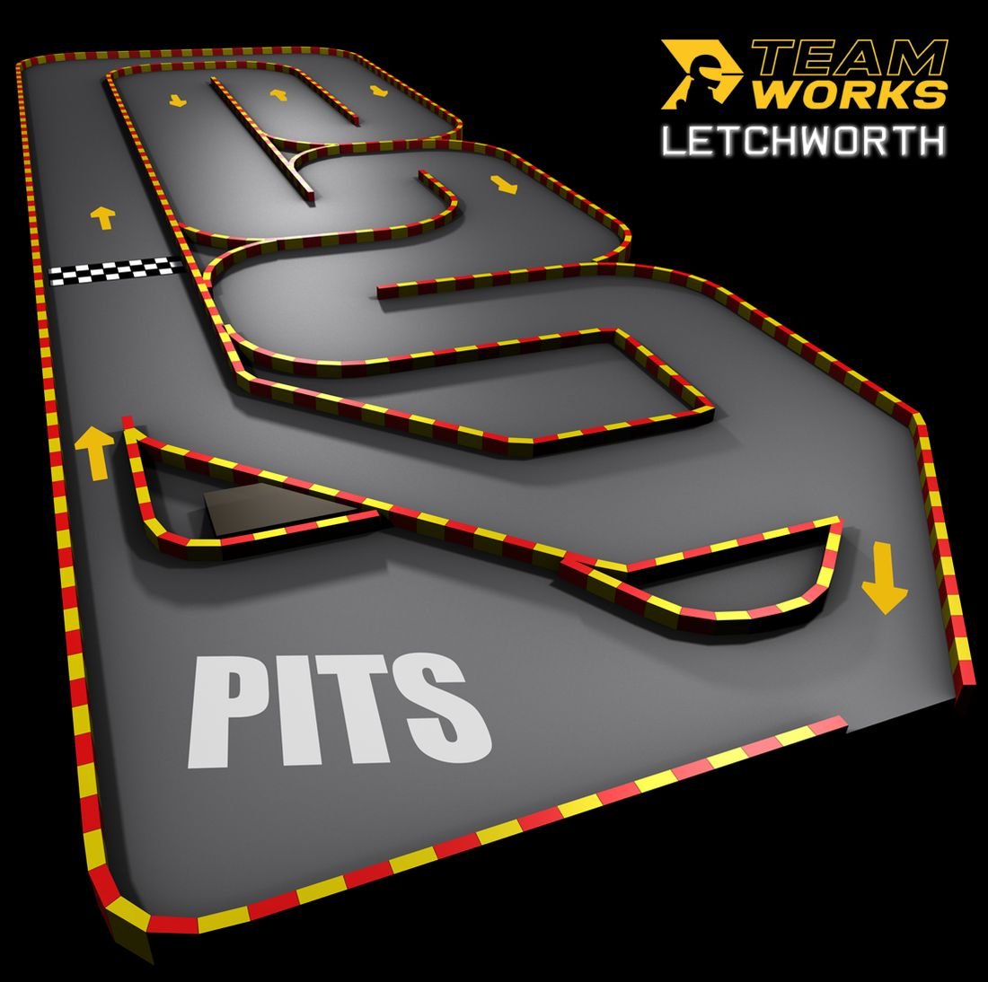 Circuit layout map for Teamworks Karting Letchworth, showing the 550m indoor track and pit lane