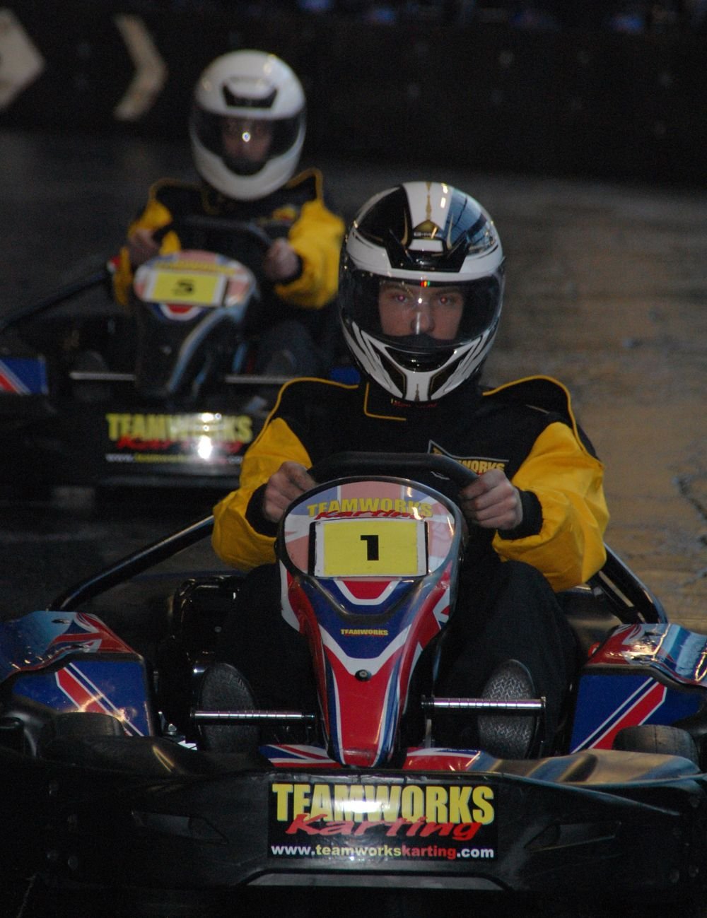 Two drivers lined up on the grid at Teamworks Karting Letchworth