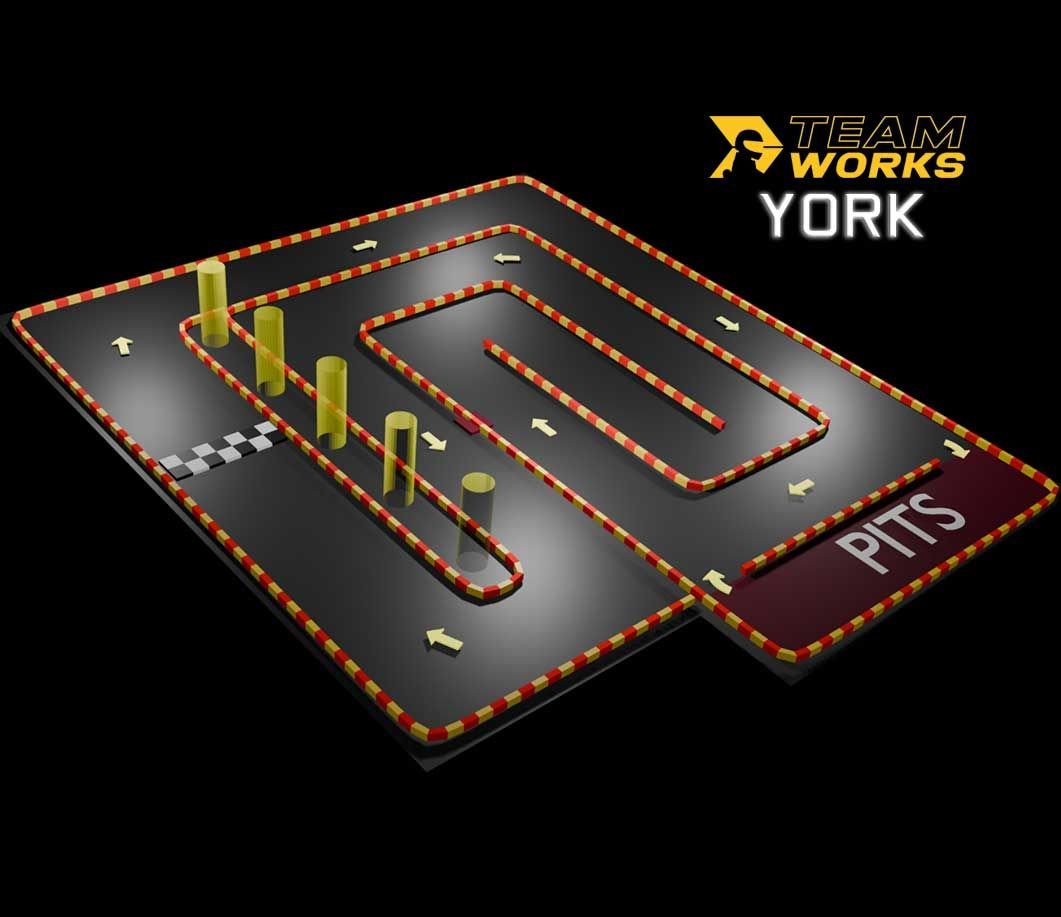Circuit layout map for Teamworks Karting York, showing the 400m indoor track and pit lane