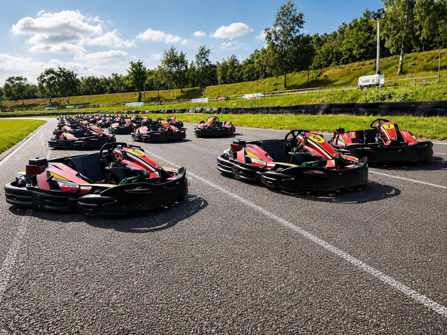 Kart fleet lined up on the grid at Three Sisters