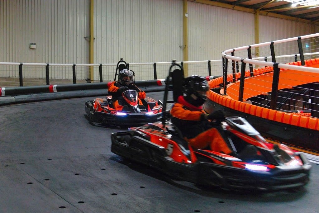Karts at the base of the corkscrew ramp at Xtreme Karting Edinburgh